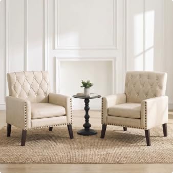 Mid Century Modern Accent Chair, Ivory Faux Leather Office Chair for Reception - Tufted Leather Club Chair for Living Room, Bedroom, or Waiting Room