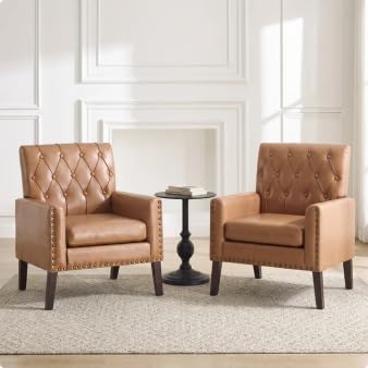 Mid Century Modern Accent Chair, Ivory Faux Leather Office Chair for Reception - Tufted Leather Club Chair for Living Room, Bedroom, or Waiting Room