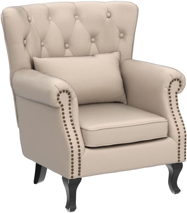 Mid Century Modern Accent Chair Upholstered Armchair Comfy Linen Fabric Single Sofa with Tufted Wingback for Small Spaces Bedroom Living Room, Beige