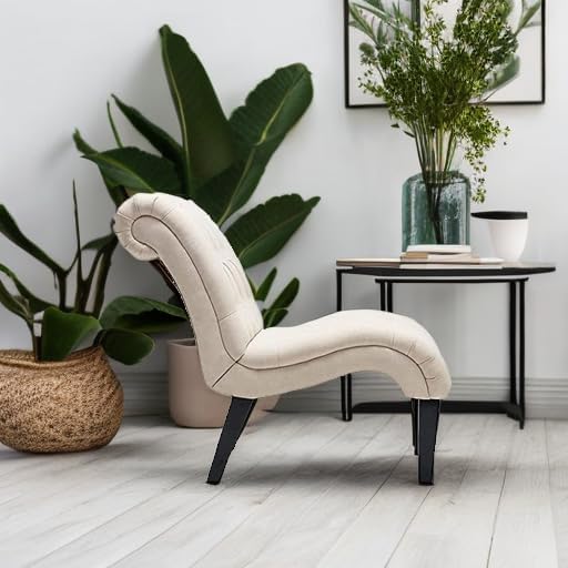 Mid Century Modern Accent Chair, Button Tufted Armless Lounge Chair, Upholstered Linen Side Chair with Solid Wood Legs for Bedroom, Living Room, Office