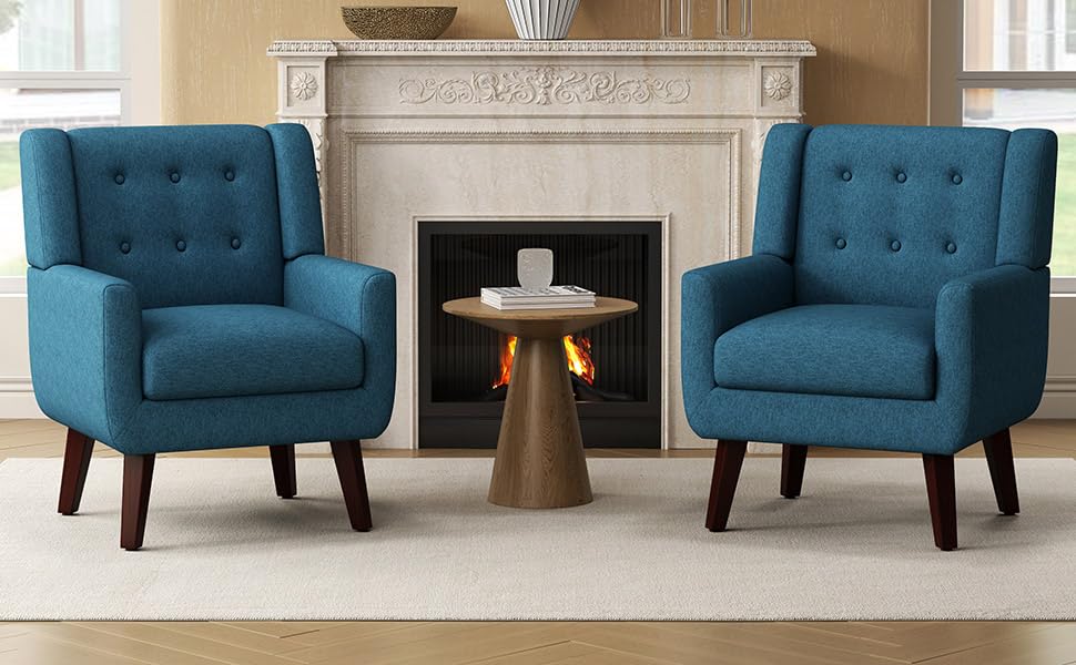 Linen Fabric Living Room Chairs, Accent Chair, Mid Century Modern Armchair for Living Room, Bedroom Button Tufted Upholstered Comfy Reading Sofas,Vanity Chair (2, Beige)