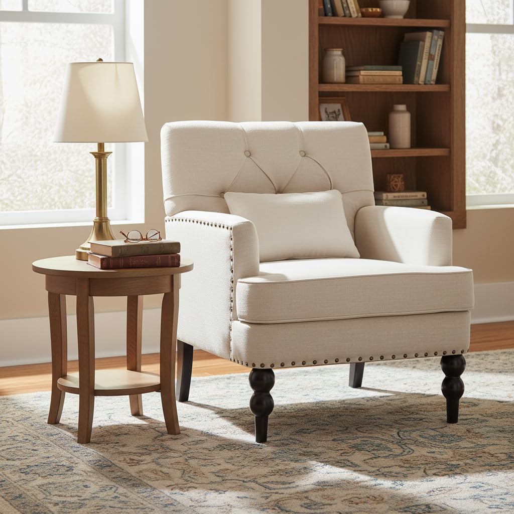 Mid-Century Linen Studded Armchair with Pillow, Beige