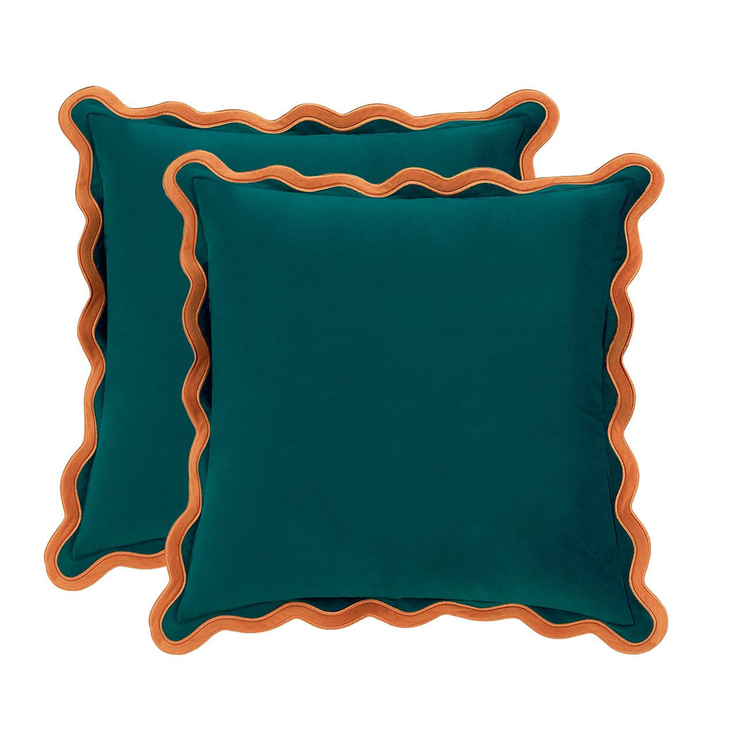 MONDAY MOOSE Decorative Throw Pillow Covers Cushion Cases, Set of 2 Soft Velvet Scalloped Wavy Edge Designs, Pillow Inserts Not Included (22x22 inch, Light Green/Light Blue)