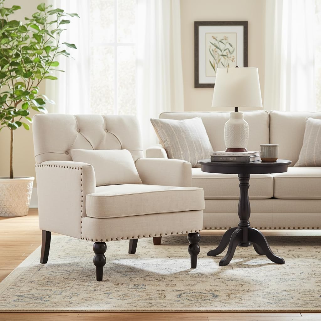 Mid-Century Linen Studded Armchair with Pillow, Beige
