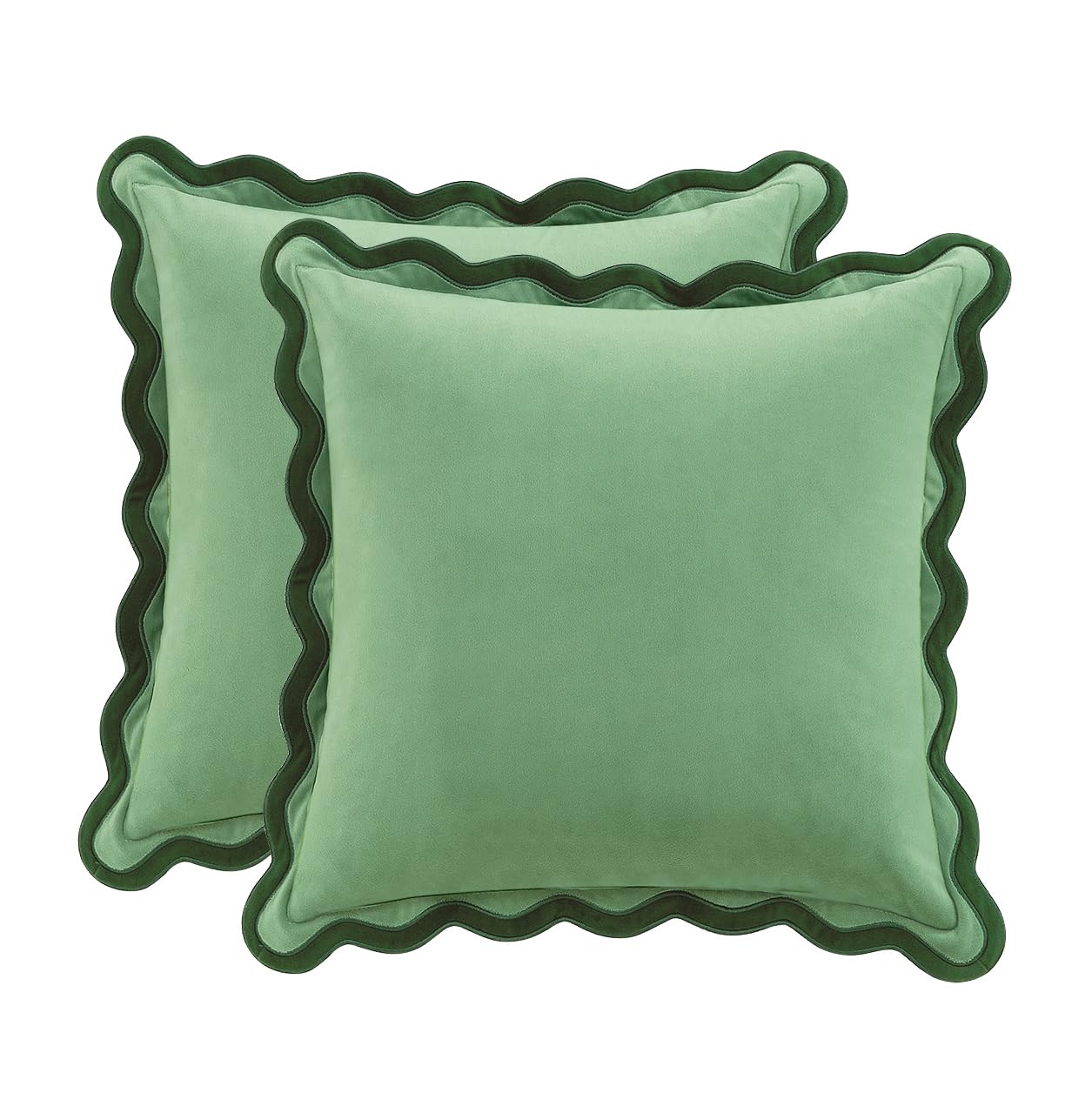MONDAY MOOSE Decorative Throw Pillow Covers Cushion Cases, Set of 2 Soft Velvet Scalloped Wavy Edge Designs, Pillow Inserts Not Included (22x22 inch, Light Green/Light Blue)