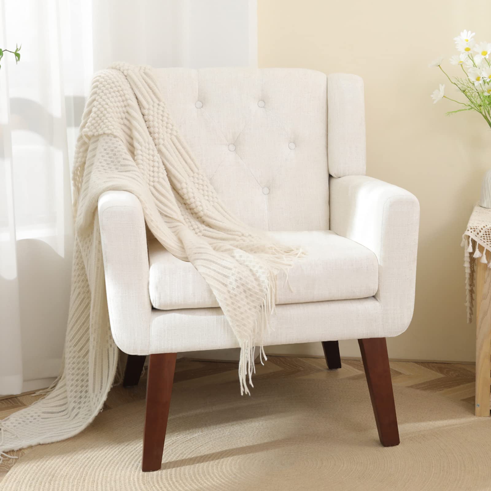 Accent Chair Button-Tufted Upholstered Living Room Chairs Comfy Reading Chair Mid Century Modern Chair with Linen Fabric Lounge Arm Chairs for Living Room Bedroom（Green）