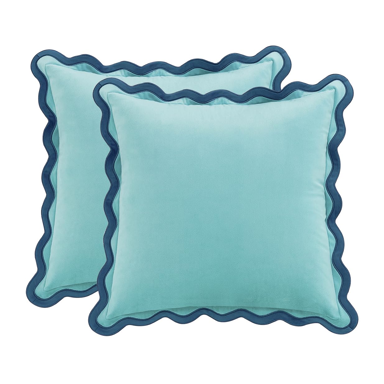 MONDAY MOOSE Decorative Throw Pillow Covers Cushion Cases, Set of 2 Soft Velvet Scalloped Wavy Edge Designs, Pillow Inserts Not Included (22x22 inch, Light Green/Light Blue)