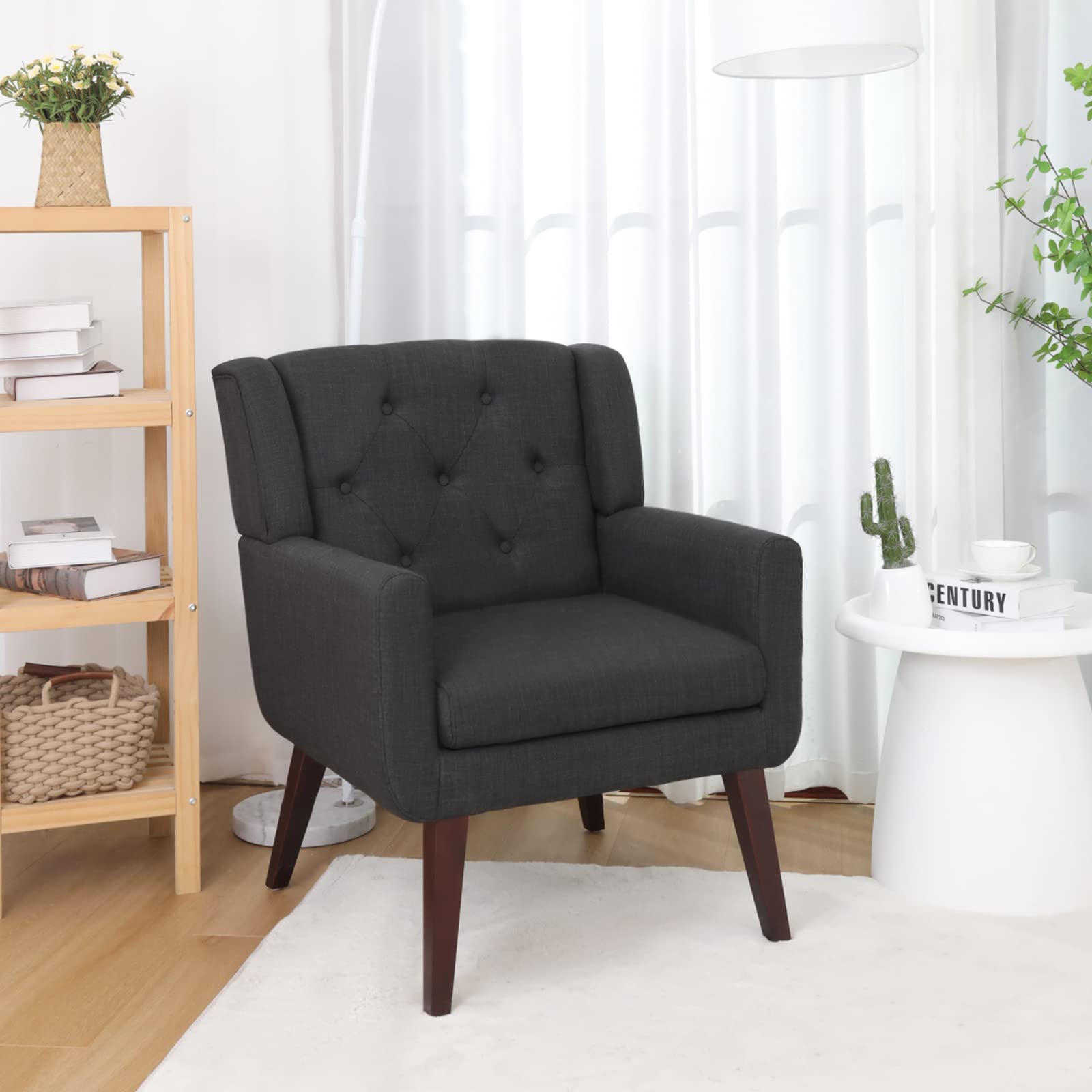 Living&Giving Accent Chair Button-Tufted Upholstered Living Room Chairs Comfy Reading Mid Century Modern with Linen Fabric Lounge Arm for Bedroom (Beige) 29.33D x 28.94W x 34.65H Inch