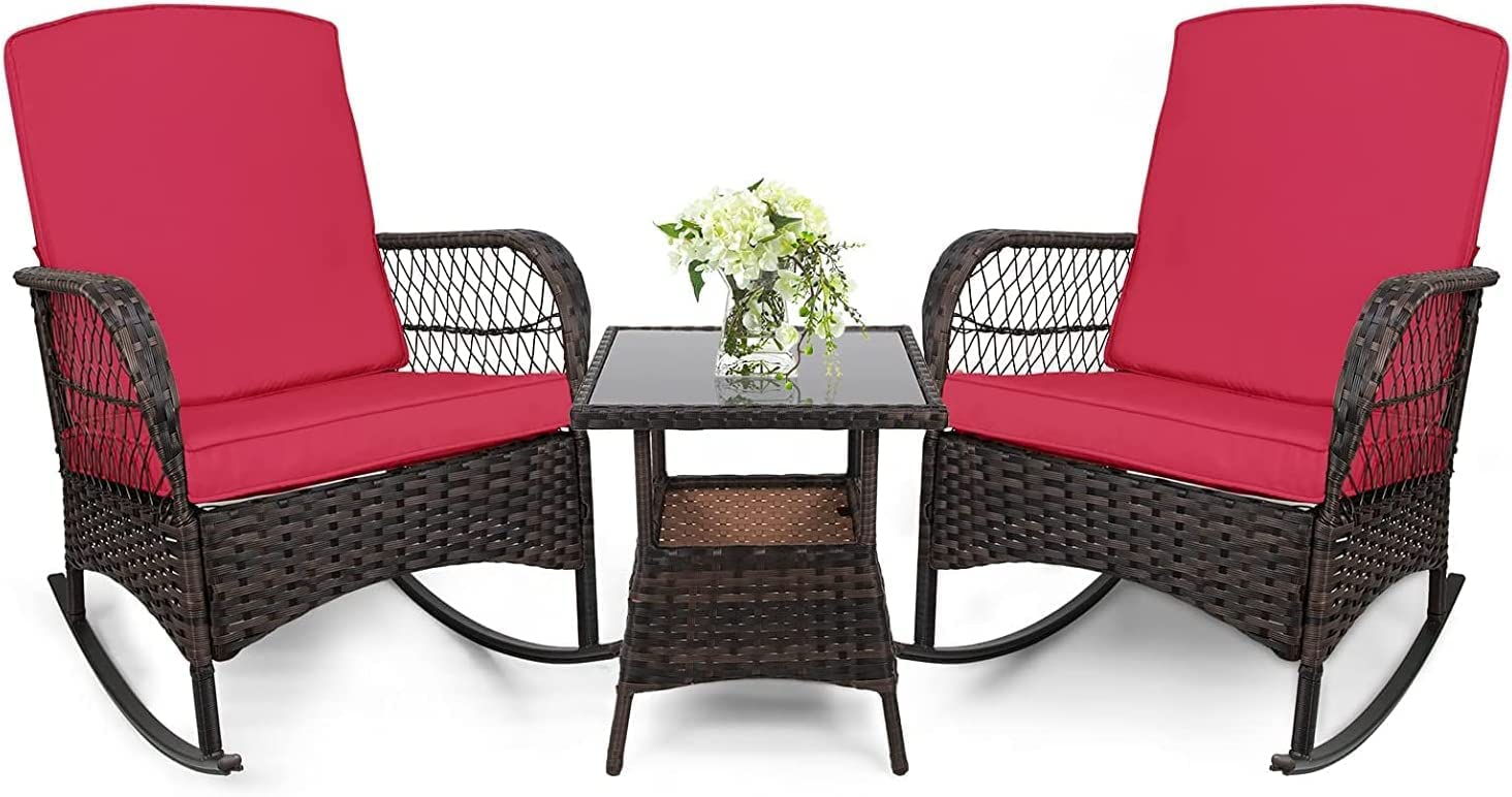 LEVELEVE 3 pcs Rocking Bistro Set Conversation Chairs PE Wicker Outdoor Rocking Chairs & Glass Table,for Porch Lawn Garden Backyard Deck(Rocking Set,Black)