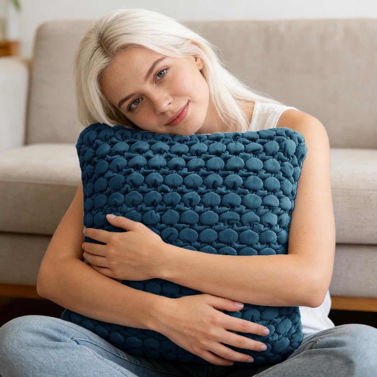 Pillow Covers 24x24 Set of 2 Velvet Euro Shams Decorative Farmhouse Pillowcases Boho Square Cushion Covers Soft Bubble Texture for Couch Sofa Bed Bedroom Car Living Room,Blue