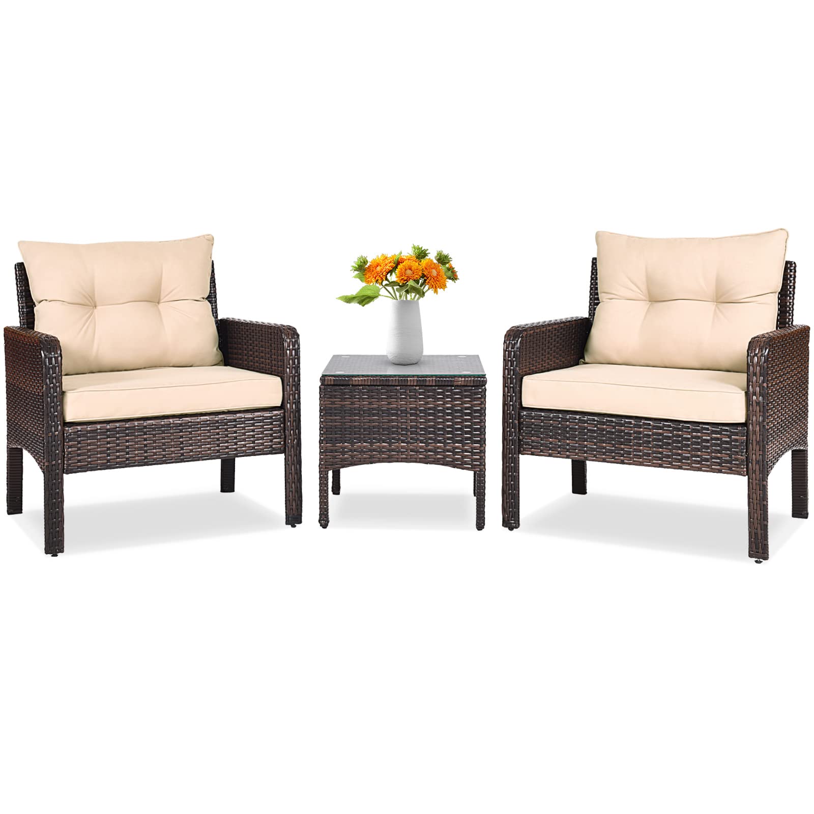 Tangkula 3 Piece Wicker Chairs with Glass Top Coffee Table, Thick Cushions, All Weather Garden Lawn Poolside Backyard Porch Outdoor Patio Furniture Set for 2 (Turquoise)