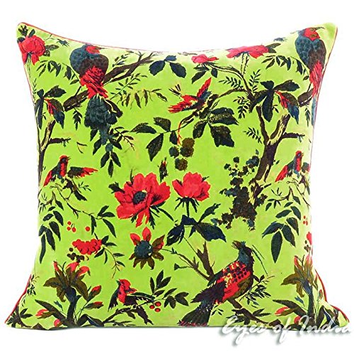 24x24 inch Burgundy Red Velvet Floral Flower Bird Throw Pillow Sofa Cushion Cover Case Couch Bohemian Accent Colorful Boho Chic Indian Handmade Cover Only
