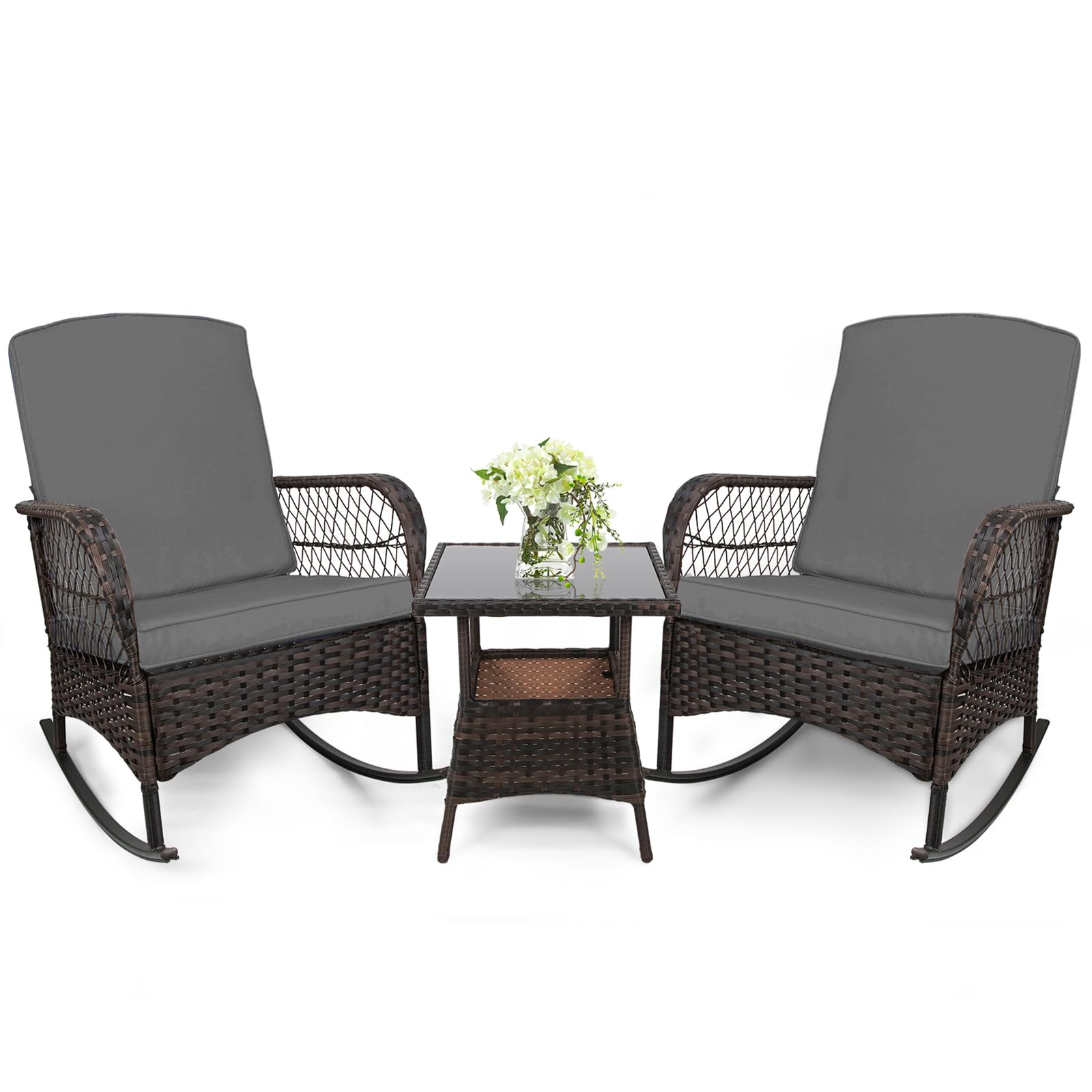 LEVELEVE 3 pcs Rocking Bistro Set Conversation Chairs PE Wicker Outdoor Rocking Chairs & Glass Table,for Porch Lawn Garden Backyard Deck(Rocking Set,Black)