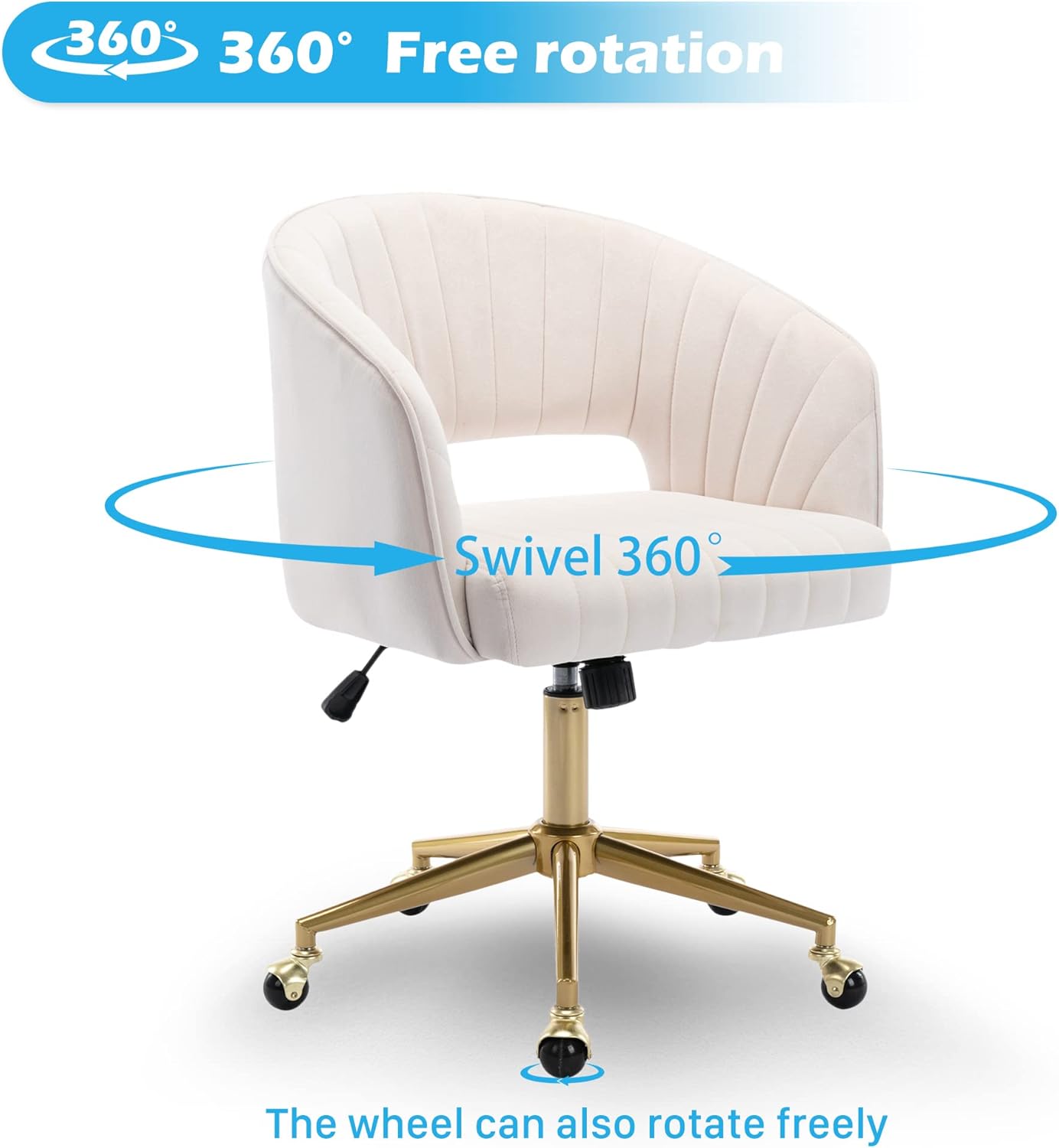 Home Office Chair Swivel Velvet Desk Chair Accent Armchair Upholstered Modern Tufted Chairs with Gold Base for Girls Women Ergonomic Study Seat Computer Task Stools for Living Room(Cream)
