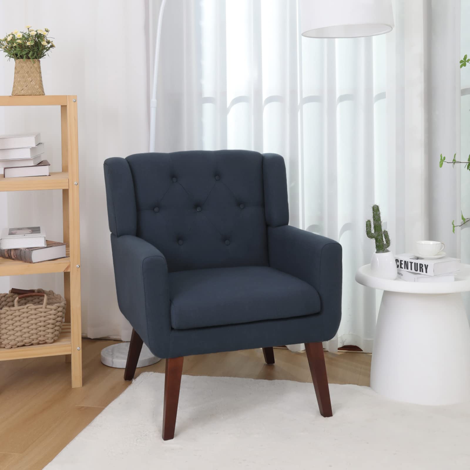 Living&Giving Accent Chair Button-Tufted Upholstered Living Room Chairs Comfy Reading Mid Century Modern with Linen Fabric Lounge Arm for Bedroom (Beige) 29.33D x 28.94W x 34.65H Inch