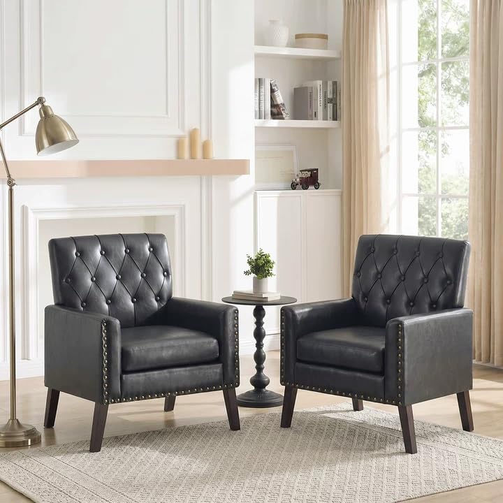 Mid Century Modern Accent Chair, Ivory Faux Leather Office Chair for Reception - Tufted Leather Club Chair for Living Room, Bedroom, or Waiting Room