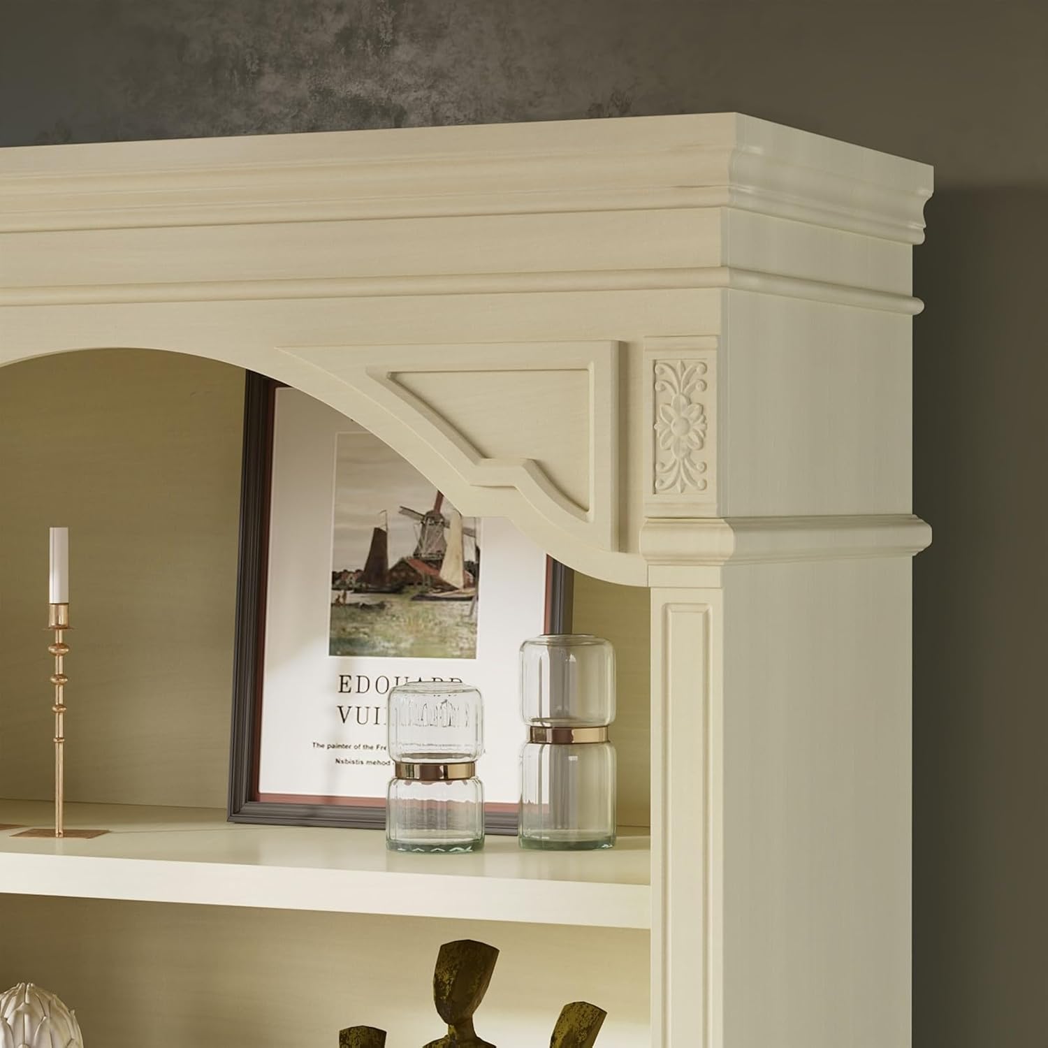 Vintage Arch Bookshelf with 2 Drawers and 3 Shelves, Decorative Display Bookcase, Carved Floral Patterns, Ivory 36.2”W x 15.4”D x 76.6”H