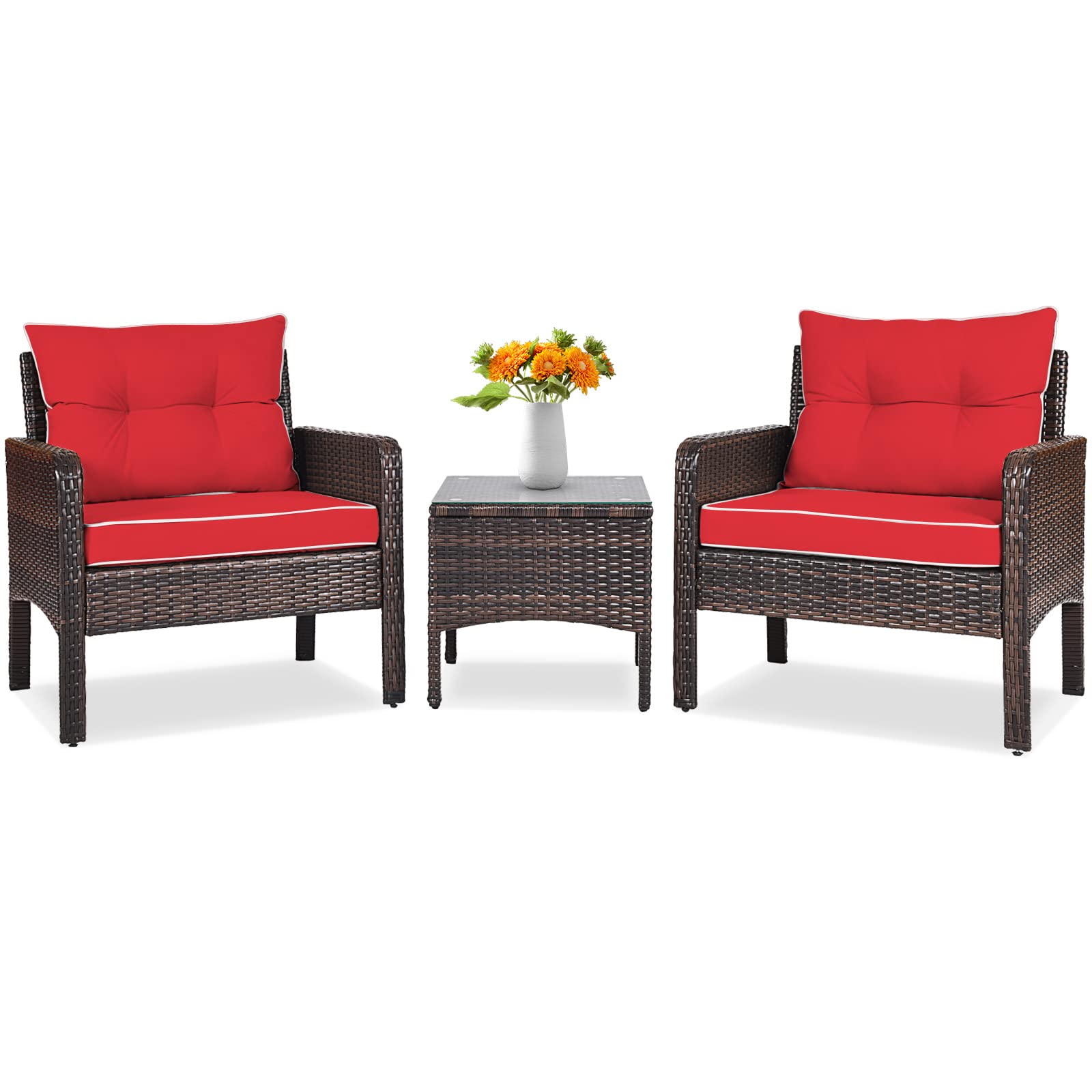 Tangkula 3 Piece Wicker Chairs with Glass Top Coffee Table, Thick Cushions, All Weather Garden Lawn Poolside Backyard Porch Outdoor Patio Furniture Set for 2 (Turquoise)