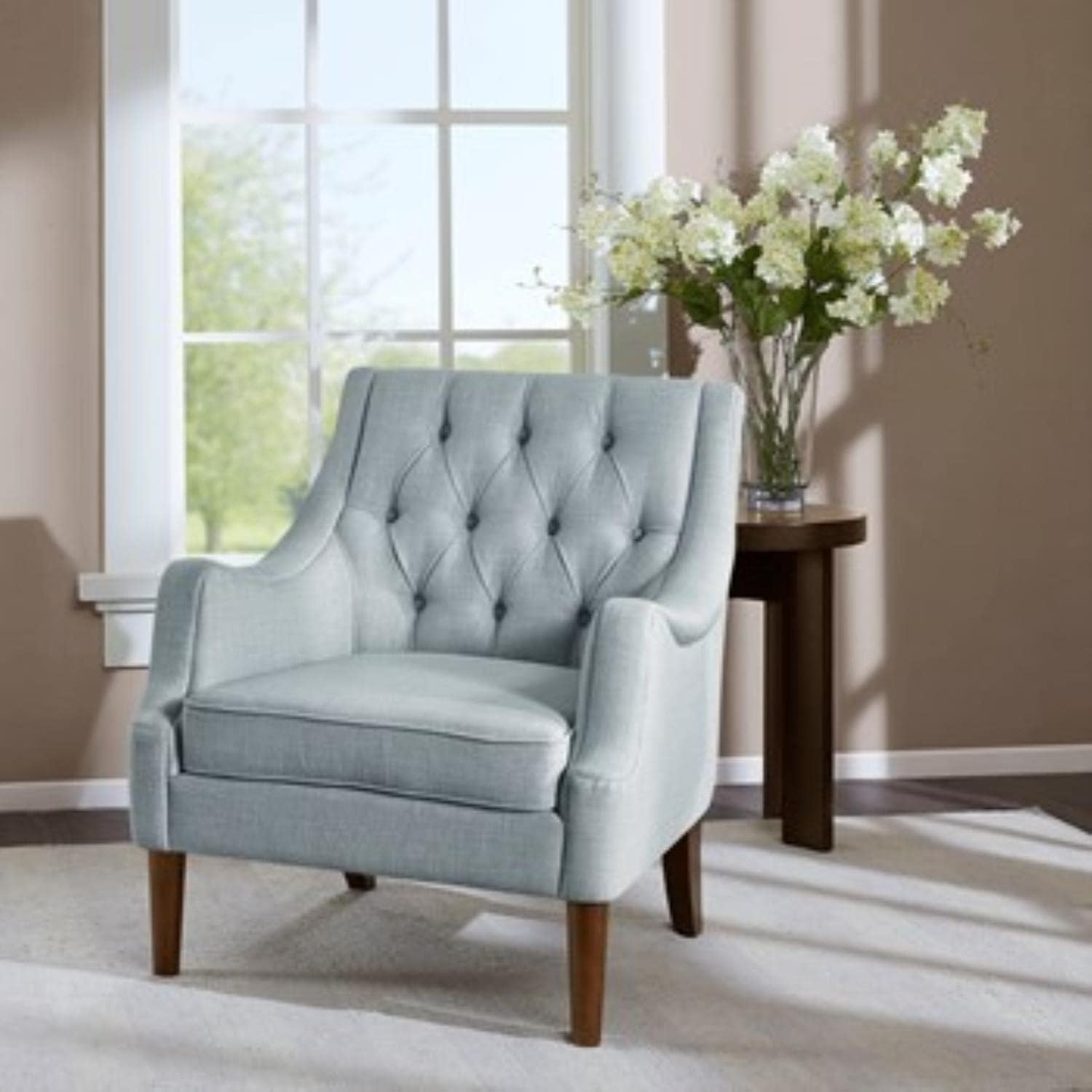 Madison Park Accent Chair for Living Room, Upholstered Button Tufted Back, Removable 5.75" T Seat Cushion, Solid Wood Legs, Modern Accent Armchair Family Room Furniture, Bedroom Chair, 29.25"W Beige