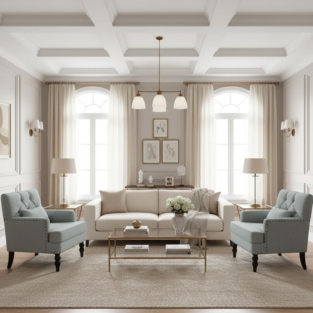 HUIMO Tufted Club Chair,Accent Chair with Lumbar Pillow, Upholstered Button Armchair, Linen Fabric Sofa Chairs for Bedroom, Living Room, Mid Century Modern with Studded Reading Chair Light Blue
