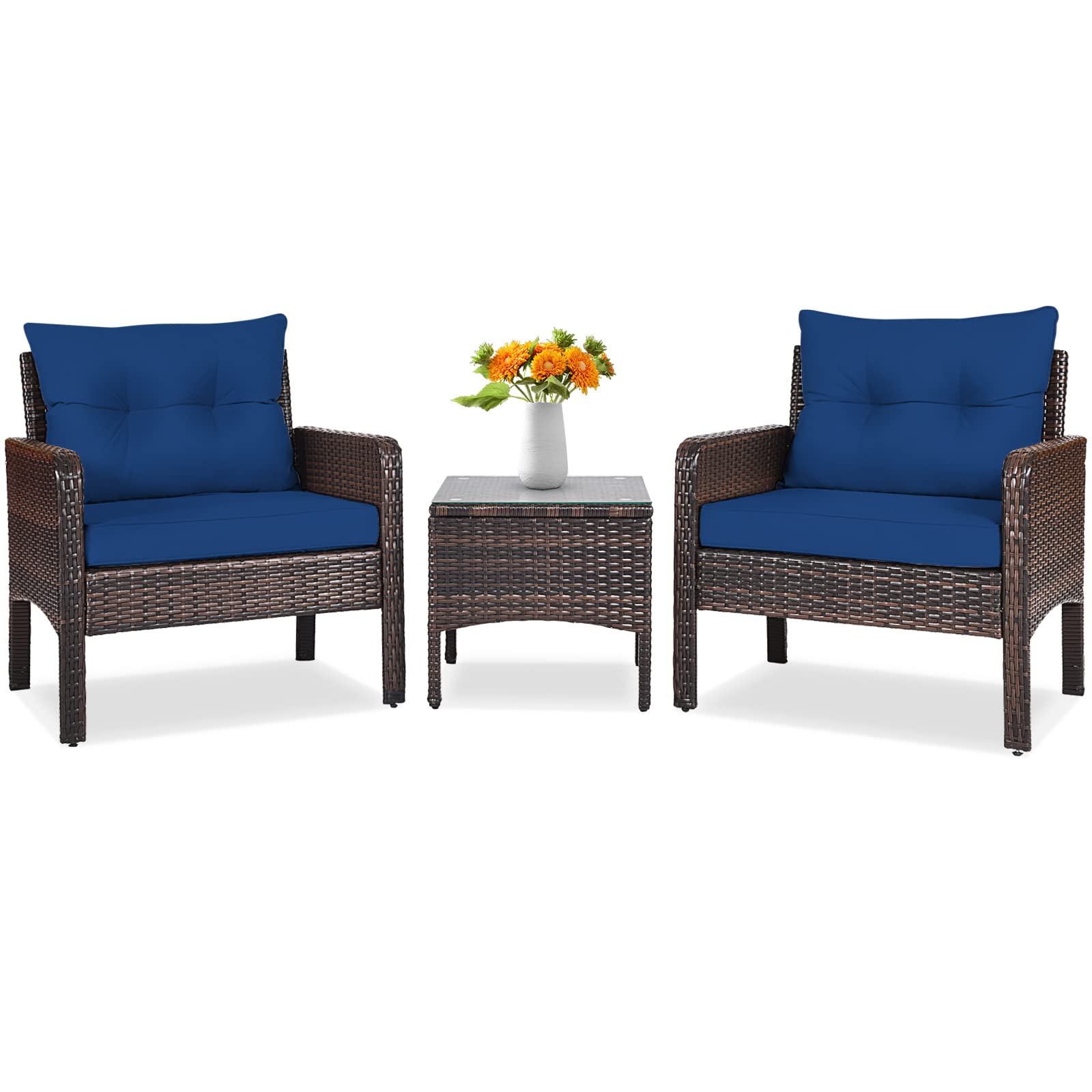 Tangkula 3 Piece Wicker Chairs with Glass Top Coffee Table, Thick Cushions, All Weather Garden Lawn Poolside Backyard Porch Outdoor Patio Furniture Set for 2 (Turquoise)