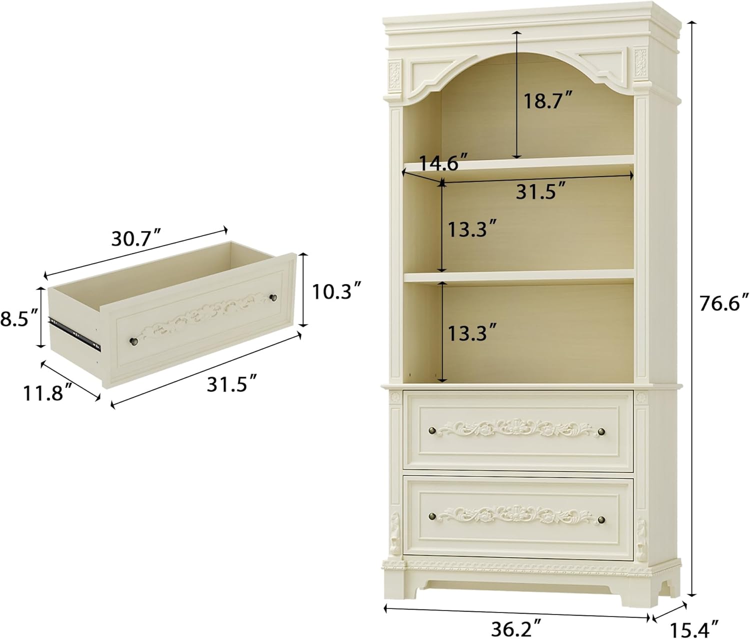 Vintage Book Shelf, 76.6" Tall Bookcase with Storage Drawers, French Carved Living Room Bookshelf, Curio Display Case Cabinet, Mid-Century Storage Shelves for Living Room