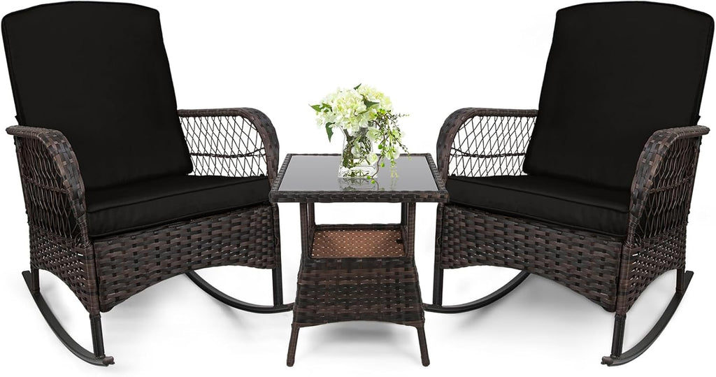 LEVELEVE 3 pcs Rocking Bistro Set Conversation Chairs PE Wicker Outdoor Rocking Chairs & Glass Table,for Porch Lawn Garden Backyard Deck(Rocking Set,Black)