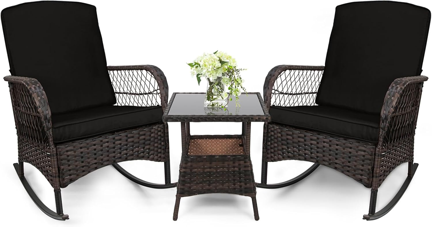 LEVELEVE 3 pcs Rocking Bistro Set Conversation Chairs PE Wicker Outdoor Rocking Chairs & Glass Table,for Porch Lawn Garden Backyard Deck(Rocking Set,Black)
