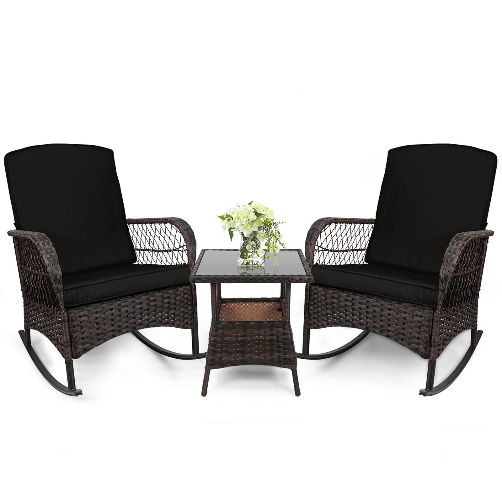 LEVELEVE 3 pcs Rocking Bistro Set Conversation Chairs PE Wicker Outdoor Rocking Chairs & Glass Table,for Porch Lawn Garden Backyard Deck(Rocking Set,Black)