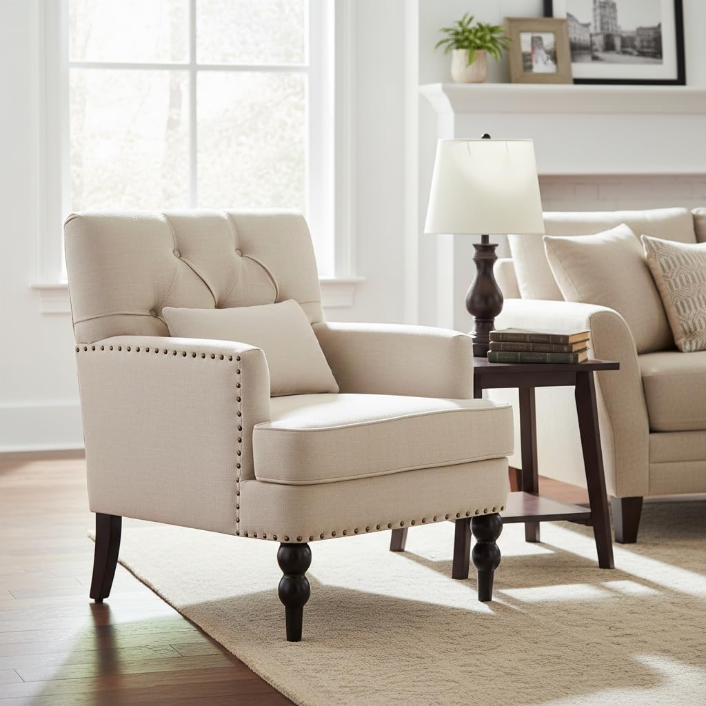 Mid-Century Linen Studded Armchair with Pillow, Beige