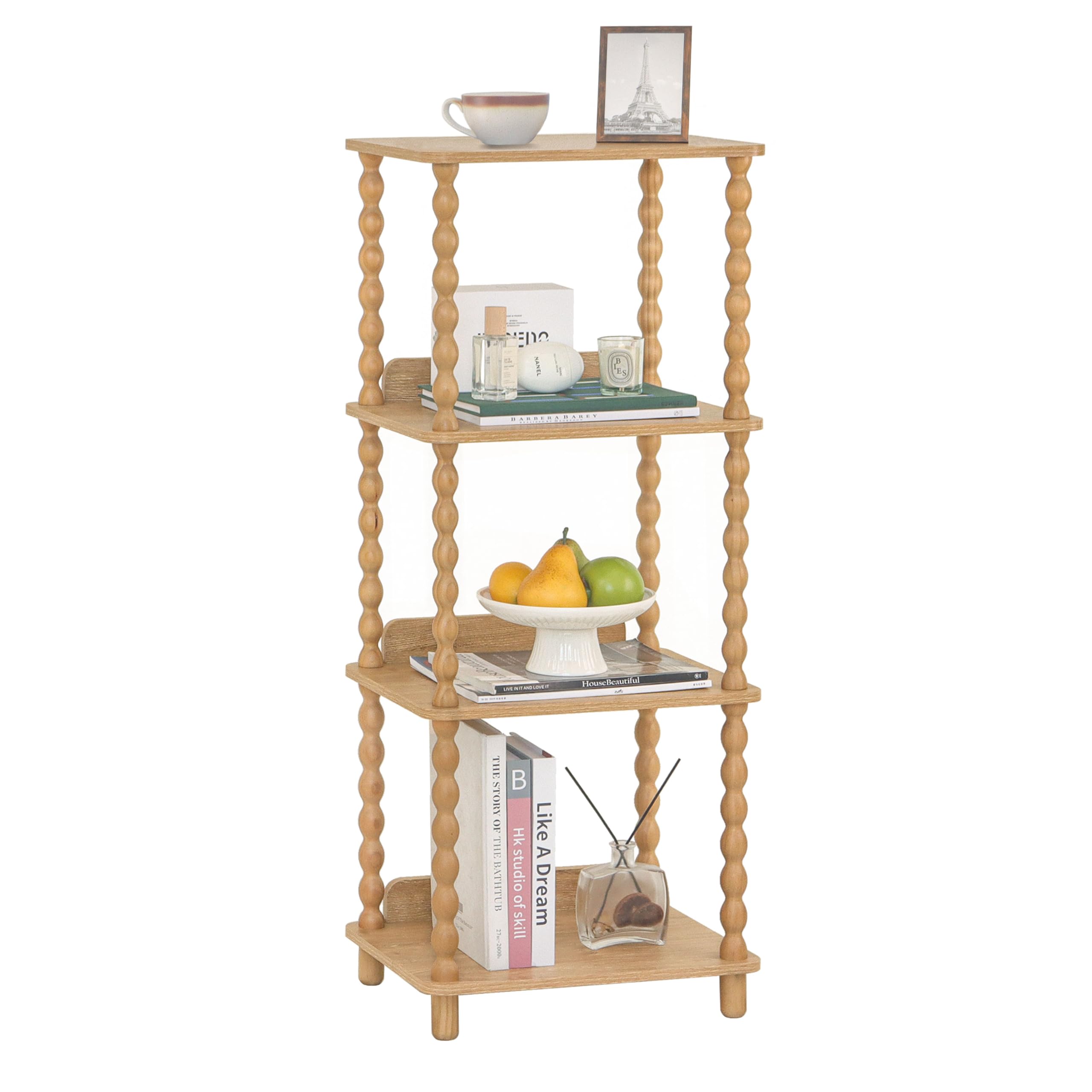 Fultyle Caramel Tan 4-Tier Open Wooden-Leg Bookshelf for Bedroom, Living Room & Office