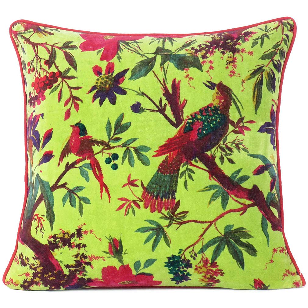 24x24 inch Burgundy Red Velvet Floral Flower Bird Throw Pillow Sofa Cushion Cover Case Couch Bohemian Accent Colorful Boho Chic Indian Handmade Cover Only