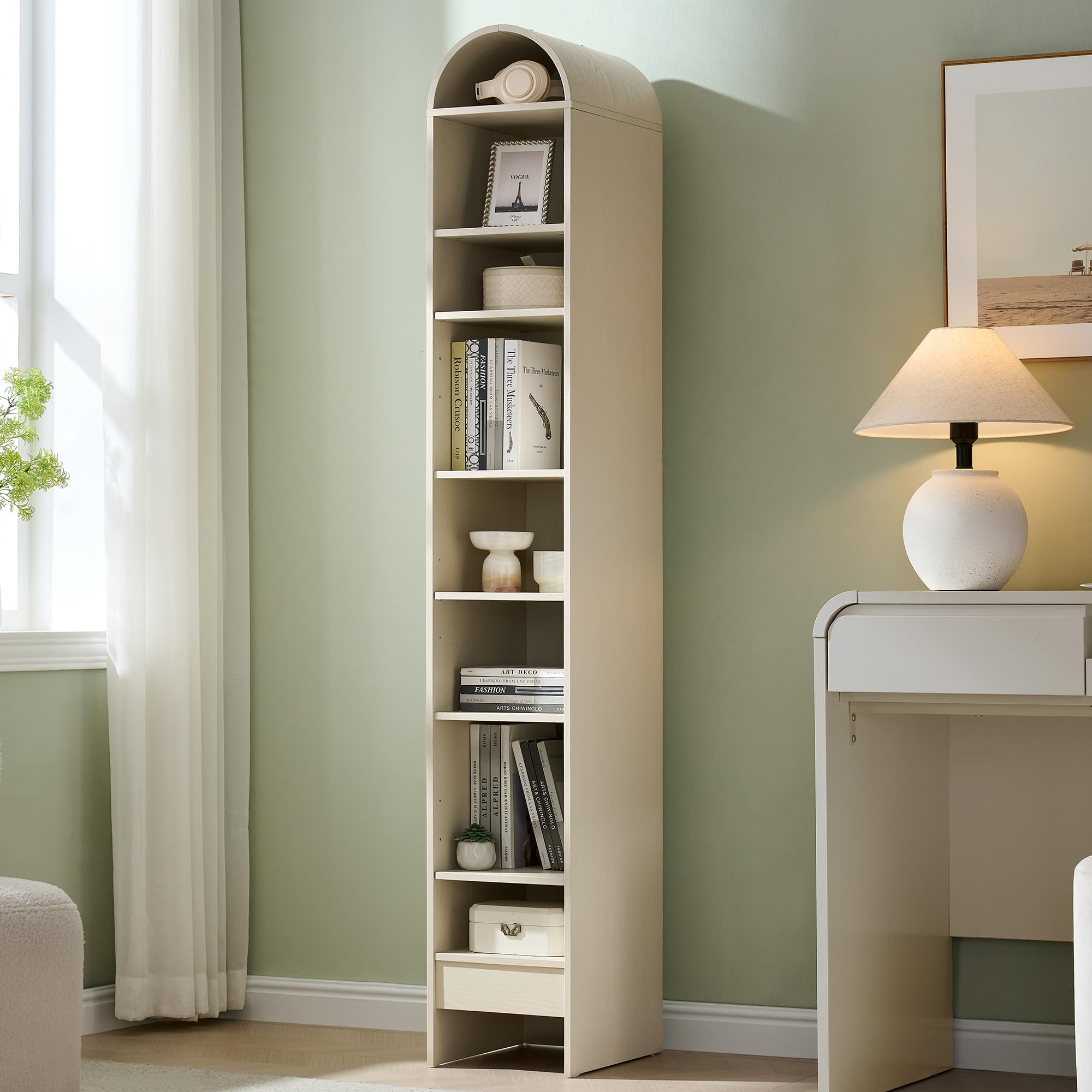 71" 7-Tier Arched Wood Bookshelf Adjustable Shelves, Brown