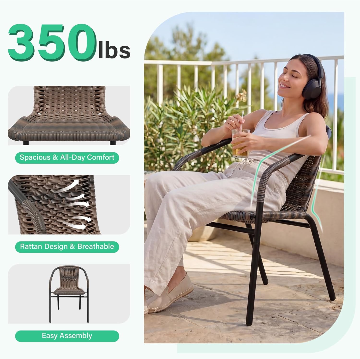 JEAREY Outdoor Patio Rattan Dining Chairs Set of 4, All Weather Stackable Dining Chairs for Lawn, Restaurant, Garden, Brown