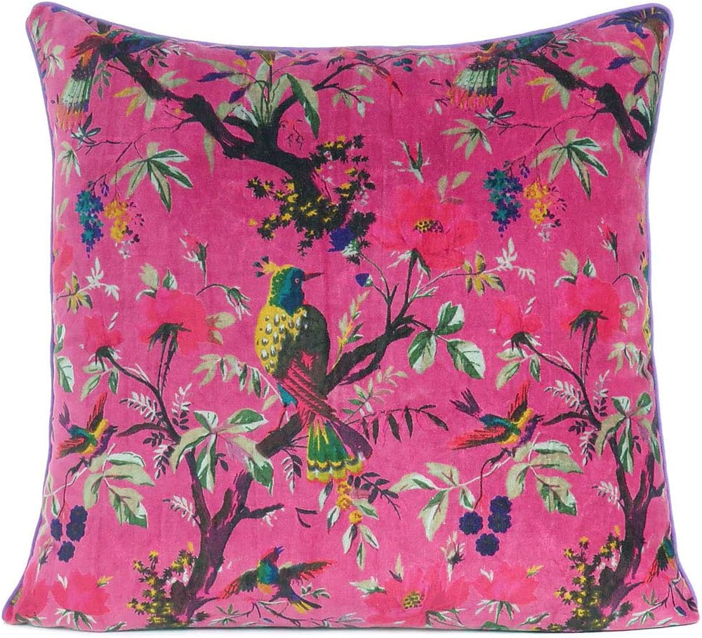 24x24 inch Burgundy Red Velvet Floral Flower Bird Throw Pillow Sofa Cushion Cover Case Couch Bohemian Accent Colorful Boho Chic Indian Handmade Cover Only