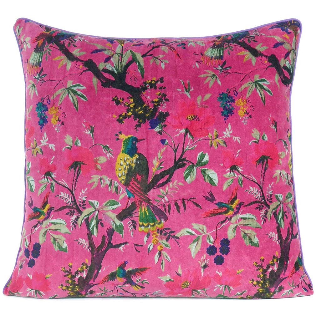 24x24 inch Burgundy Red Velvet Floral Flower Bird Throw Pillow Sofa Cushion Cover Case Couch Bohemian Accent Colorful Boho Chic Indian Handmade Cover Only