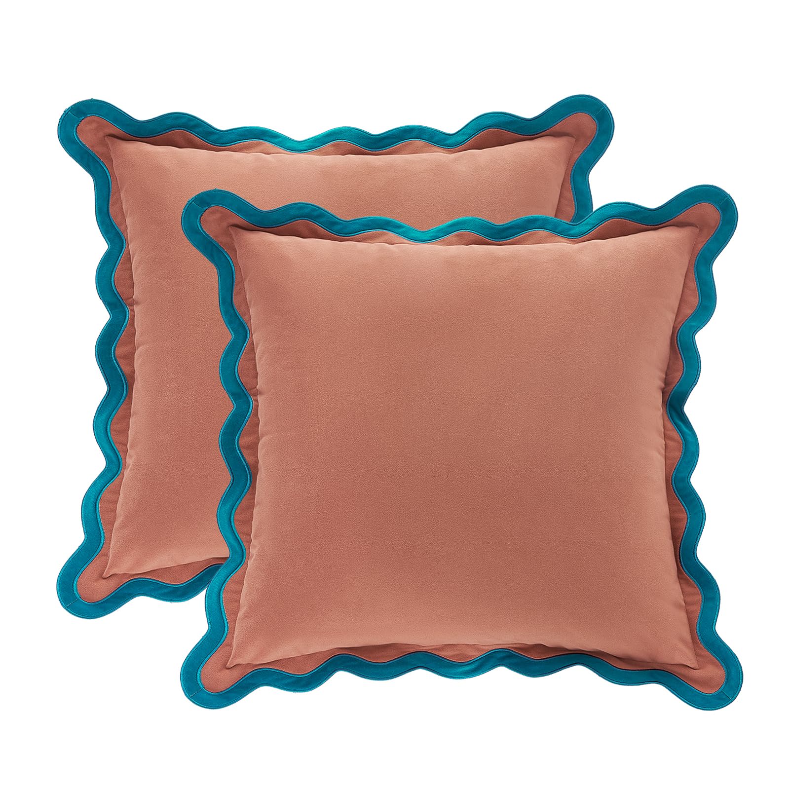 MONDAY MOOSE Decorative Throw Pillow Covers Cushion Cases, Set of 2 Soft Velvet Scalloped Wavy Edge Designs, Pillow Inserts Not Included (22x22 inch, Light Green/Light Blue)