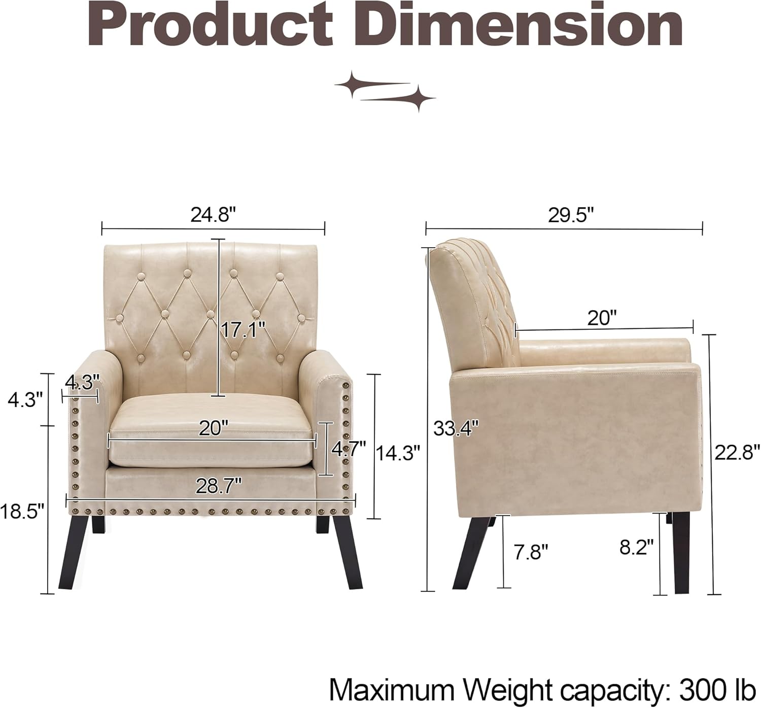 Mid Century Modern Accent Chair, Ivory Faux Leather Office Chair for Reception - Tufted Leather Club Chair for Living Room, Bedroom, or Waiting Room