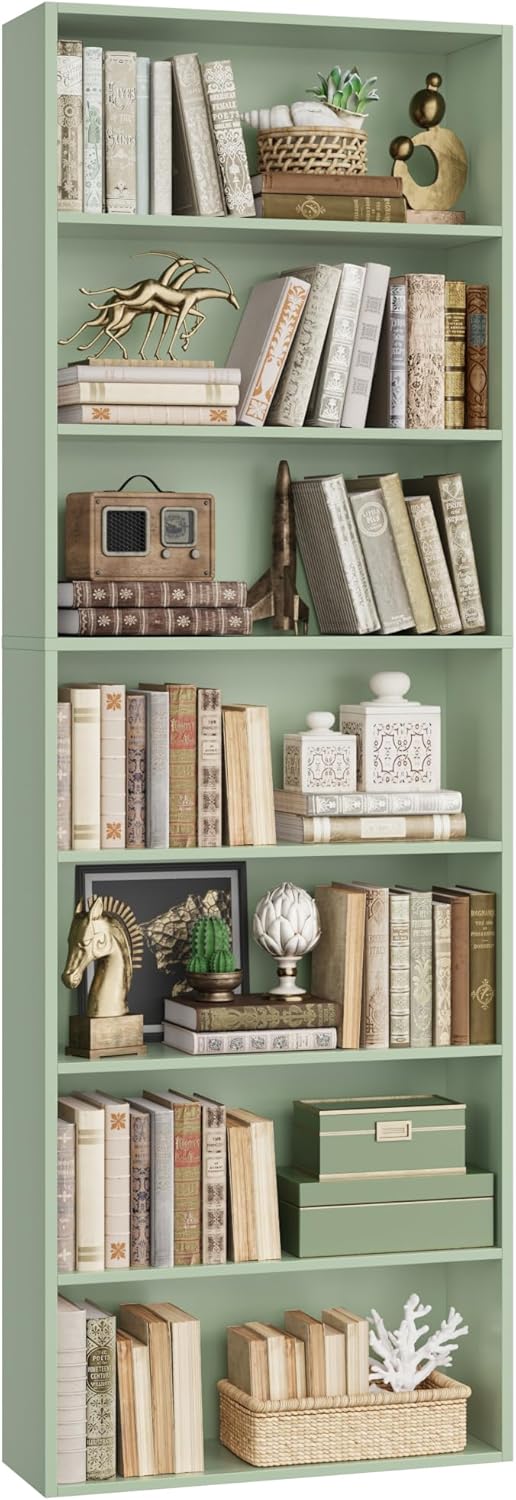 FACBOTALL 82" Tall Bookshelf, 7-Tier Open Shelves Bookcase, Freestanding Display Storage Shelves, Tall Bookcase Home Decor Furniture for Home Office, Living Room, Bedroom, Green