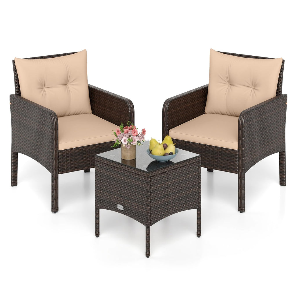 Tangkula 3 Piece Wicker Chairs with Glass Top Coffee Table, Thick Cushions, All Weather Garden Lawn Poolside Backyard Porch Outdoor Patio Furniture Set for 2 (Turquoise)
