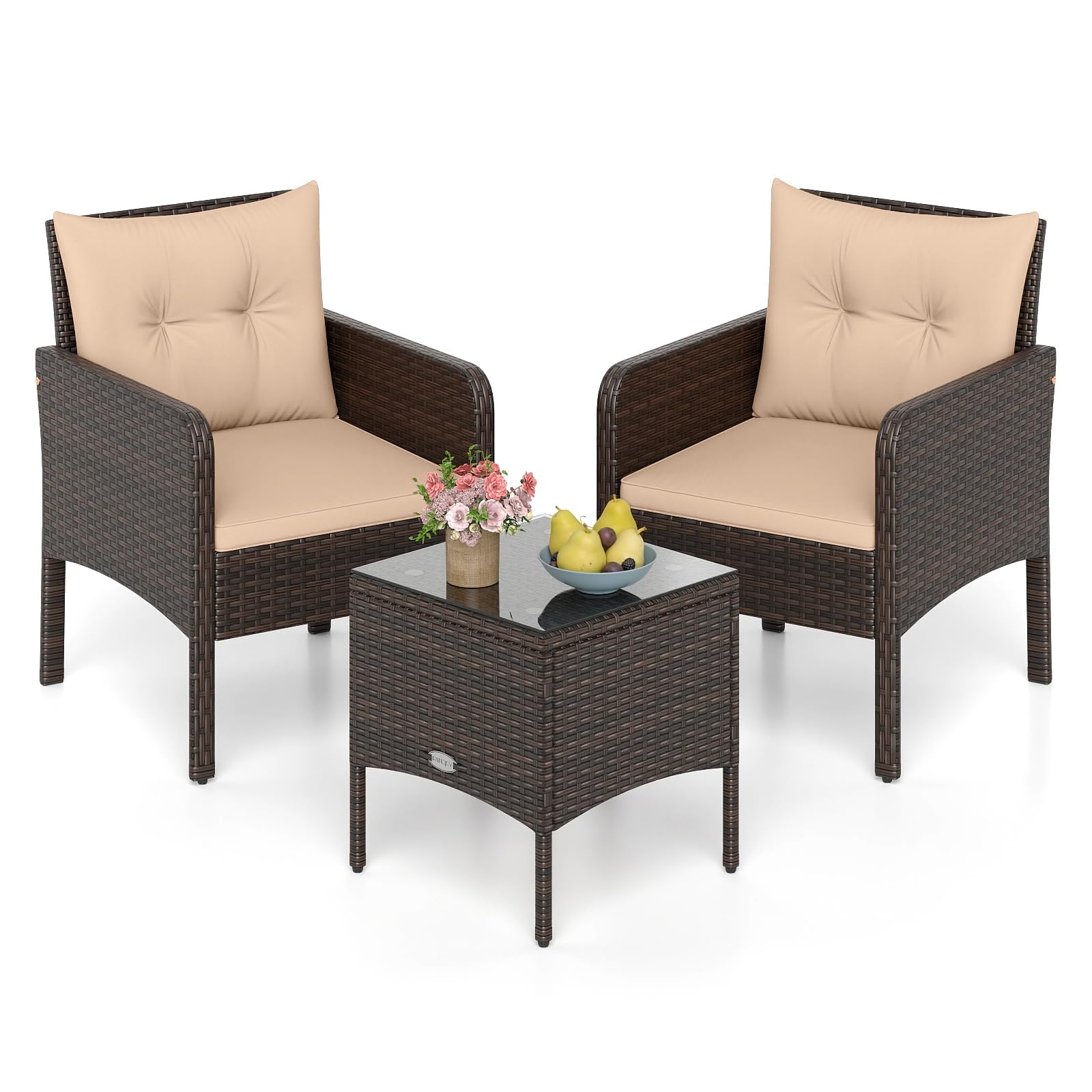 Tangkula 3 Piece Wicker Chairs with Glass Top Coffee Table, Thick Cushions, All Weather Garden Lawn Poolside Backyard Porch Outdoor Patio Furniture Set for 2 (Turquoise)