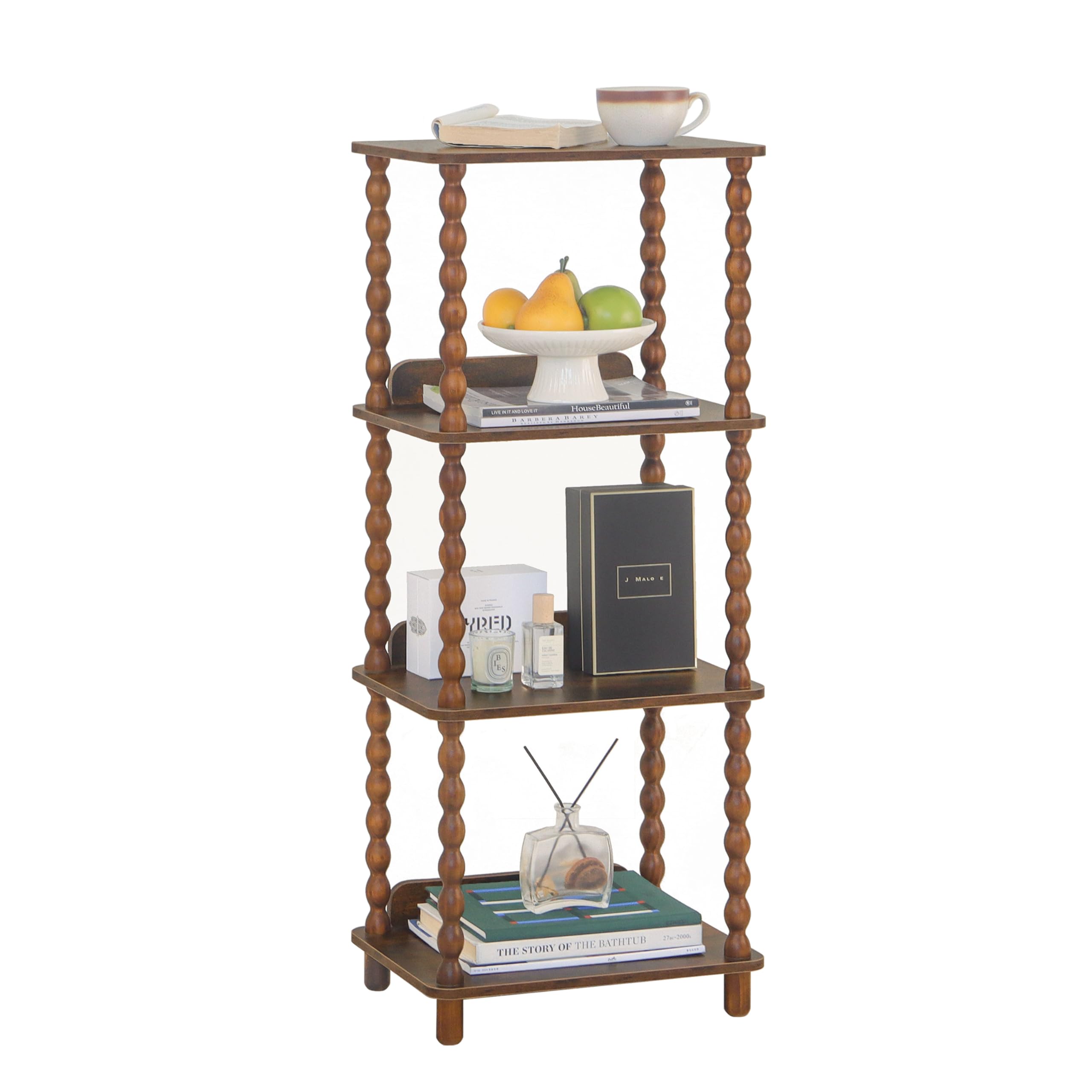 Fultyle Caramel Tan 4-Tier Open Wooden-Leg Bookshelf for Bedroom, Living Room & Office