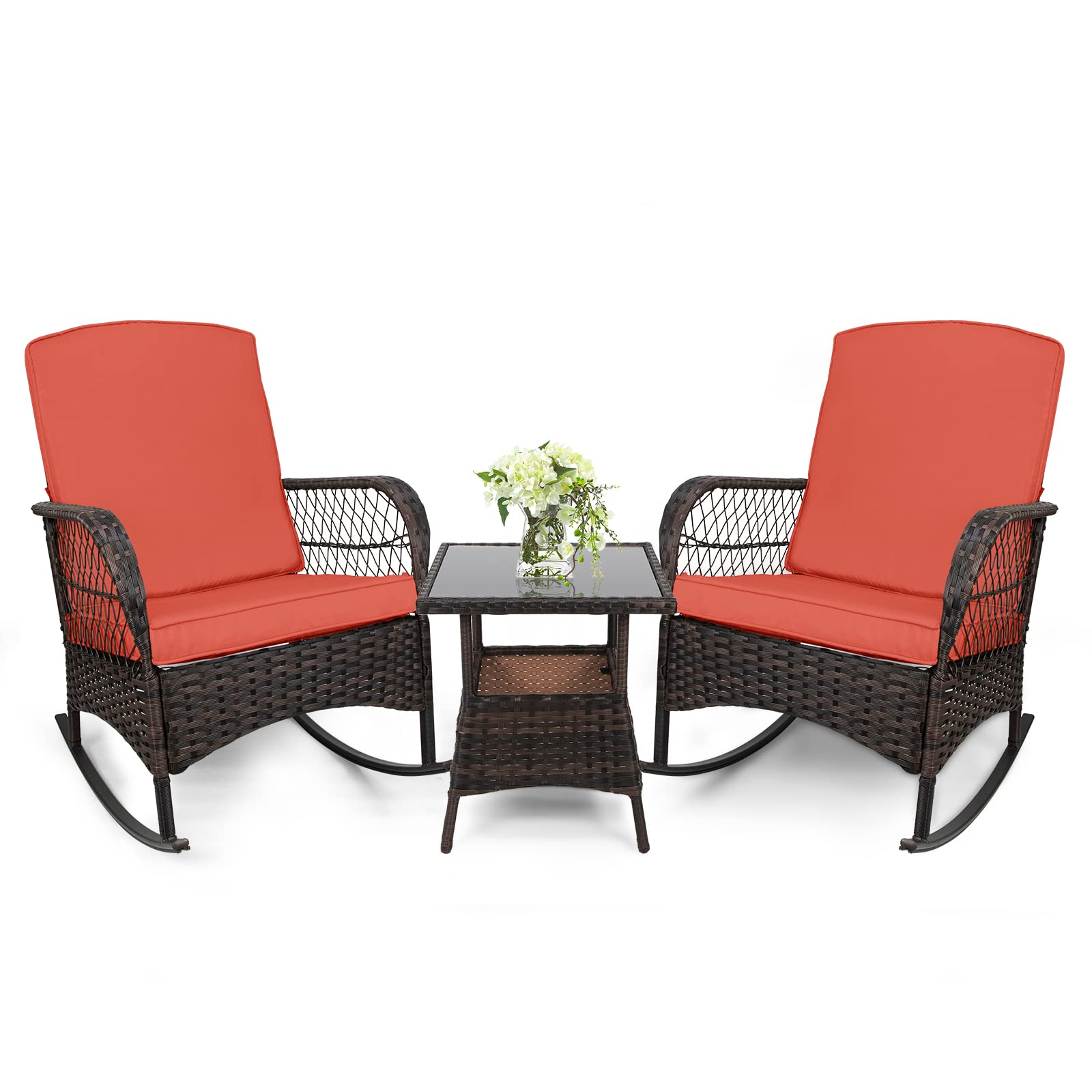 LEVELEVE 3 pcs Rocking Bistro Set Conversation Chairs PE Wicker Outdoor Rocking Chairs & Glass Table,for Porch Lawn Garden Backyard Deck(Rocking Set,Black)