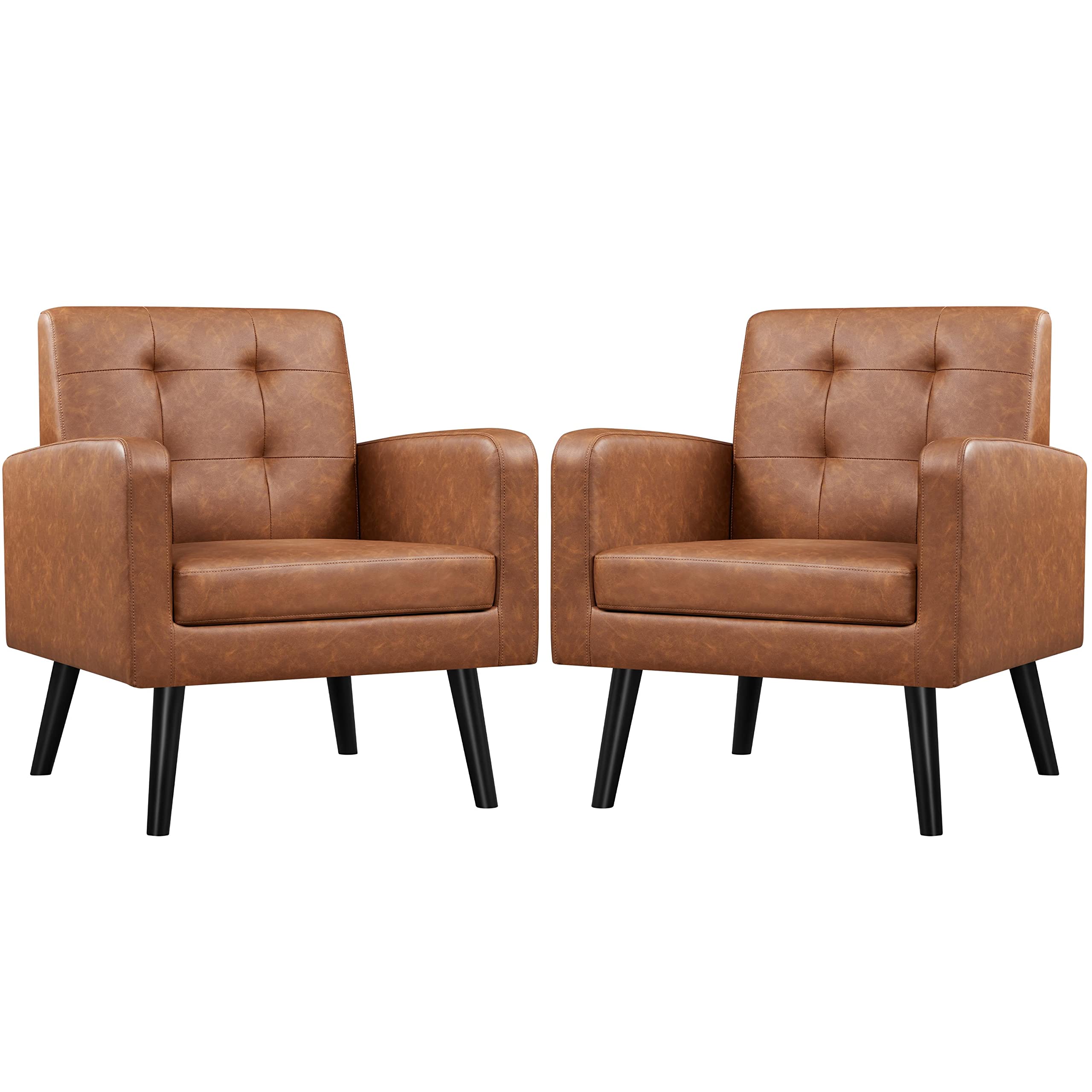 Yaheetech Mid-Century Accent Chairs, Modern Upholstered Living Room Chair, Cozy Armchair Button Tufted Back and Wood Legs for Bedroom/Office/Cafe, Navy Blue