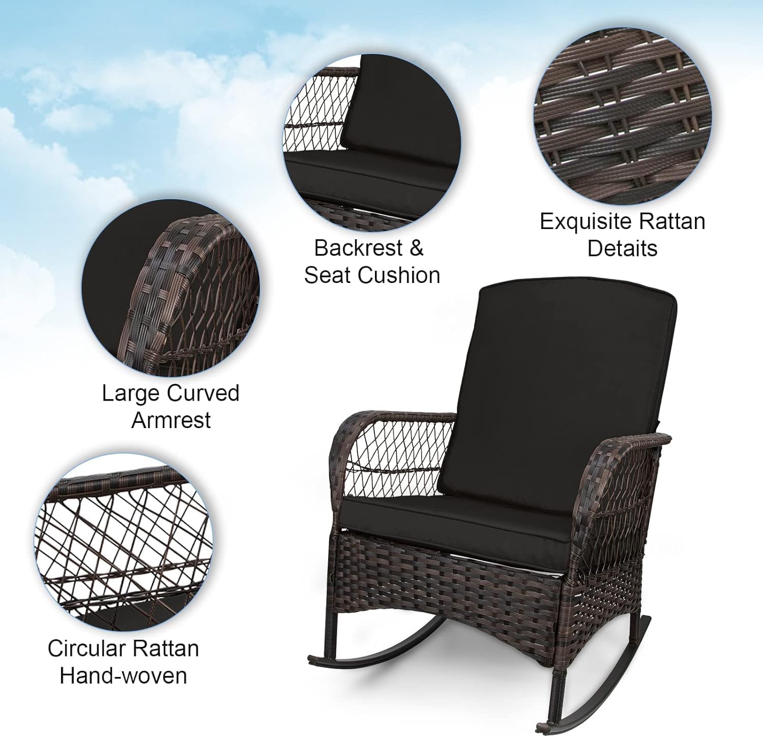 LEVELEVE 3 pcs Rocking Bistro Set Conversation Chairs PE Wicker Outdoor Rocking Chairs & Glass Table,for Porch Lawn Garden Backyard Deck(Rocking Set,Black)