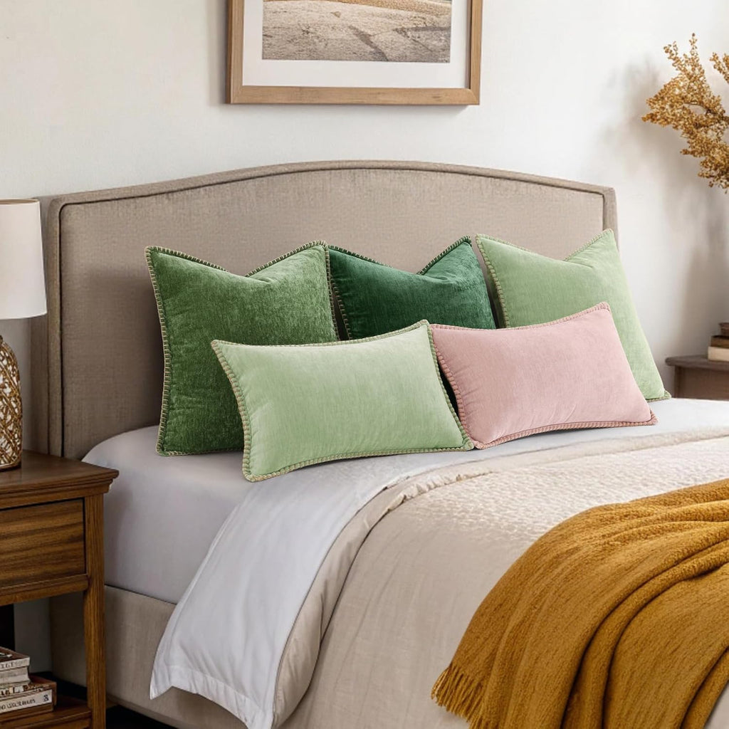 18x18 2-Pack Forest Green Chenille Pillow Covers, Stitched Edge