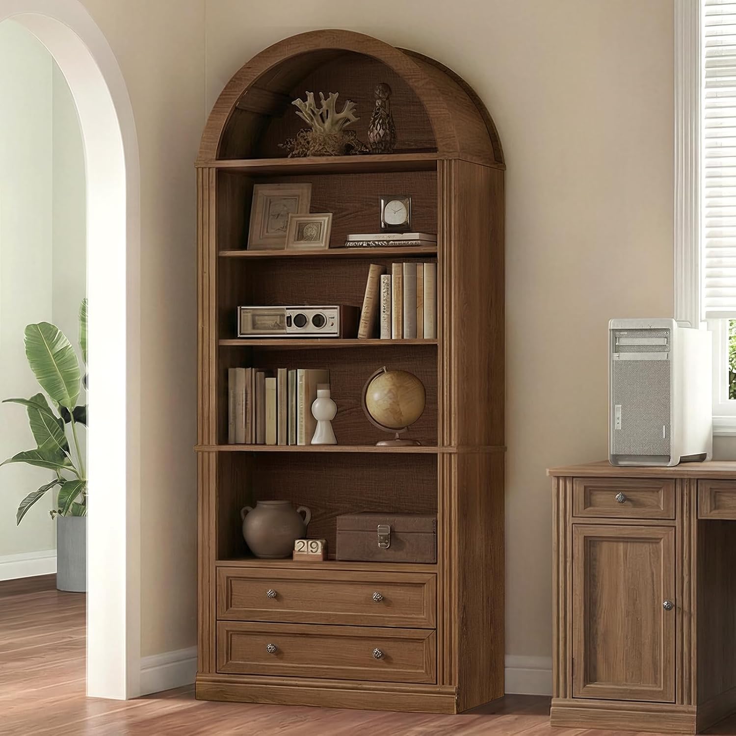RALGEND Farmhouse Arched Bookshelf, 7 Tiers Arch Bookcase with 2 Spacious Drawers, Modern Book Shelf with Open Display Shelves and Storage Cabinet, for Office, Living Room, Kitchen, Walnut