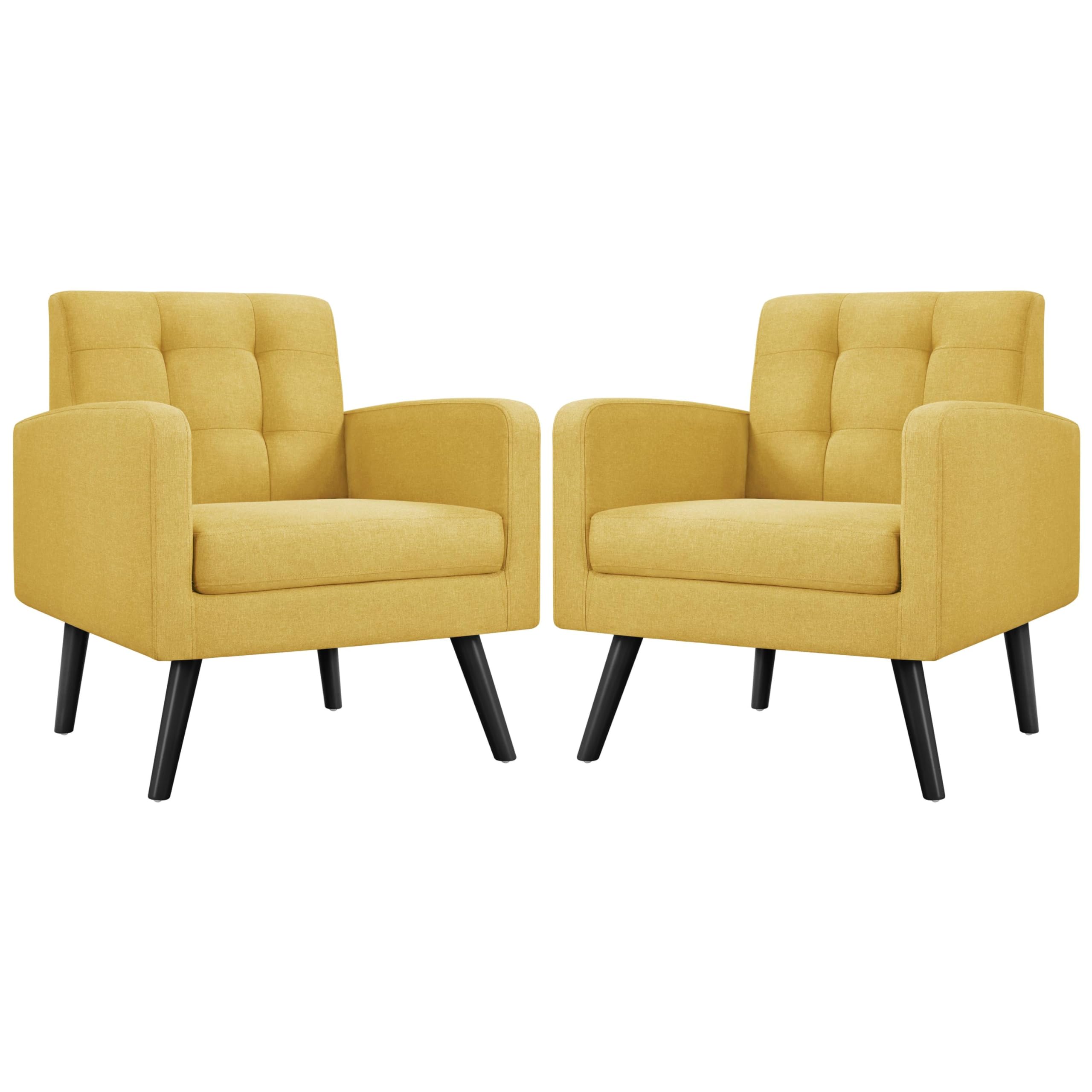 Yaheetech Mid-Century Accent Chairs, Modern Upholstered Living Room Chair, Cozy Armchair Button Tufted Back and Wood Legs for Bedroom/Office/Cafe, Yellow