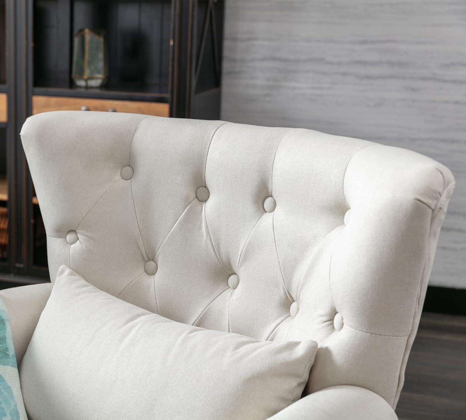 Mid Century Modern Accent Chair Upholstered Armchair Comfy Linen Fabric Single Sofa with Tufted Wingback for Small Spaces Bedroom Living Room, Beige
