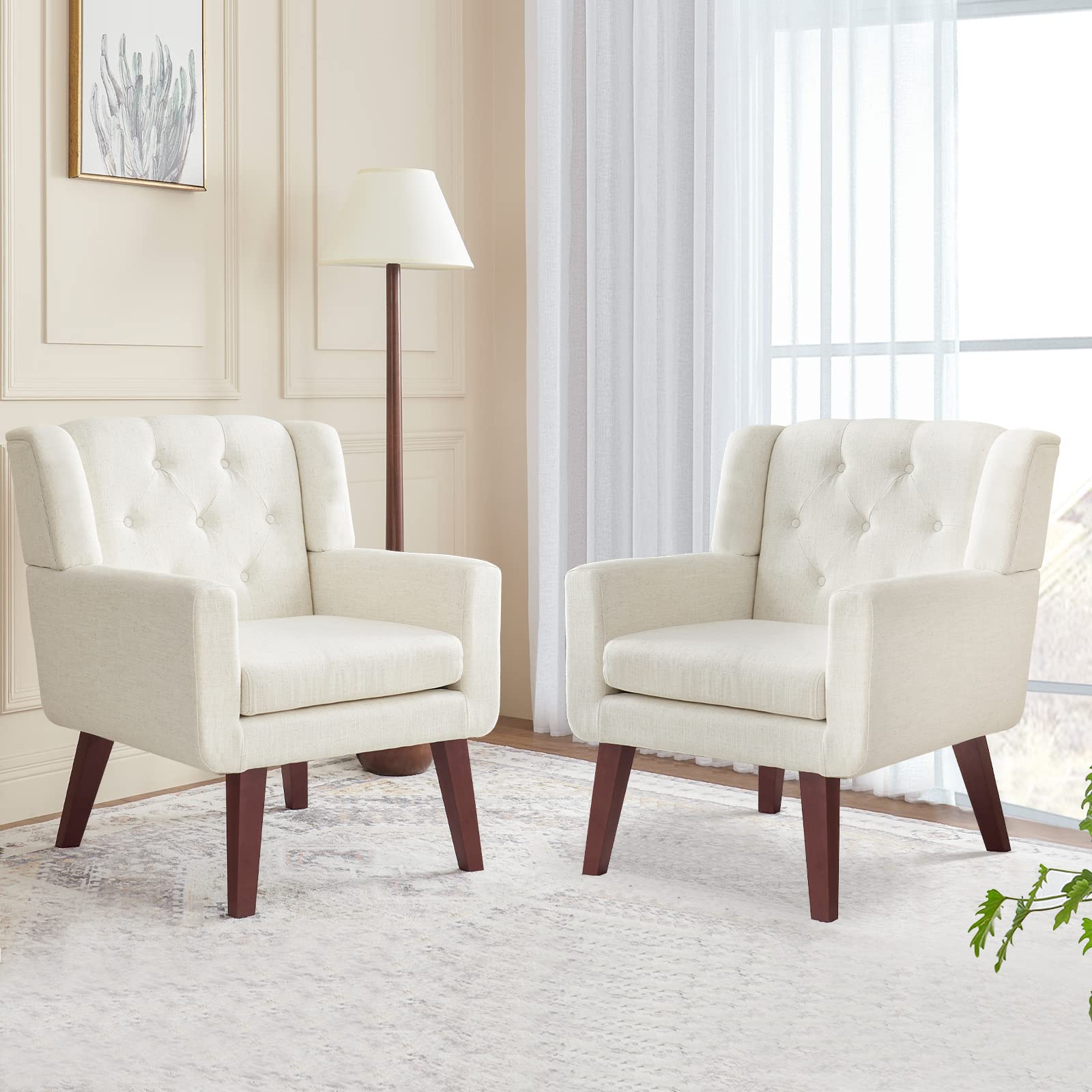 Living&Giving Accent Chair Button-Tufted Upholstered Living Room Chairs Comfy Reading Mid Century Modern with Linen Fabric Lounge Arm for Bedroom (Beige) 29.33D x 28.94W x 34.65H Inch